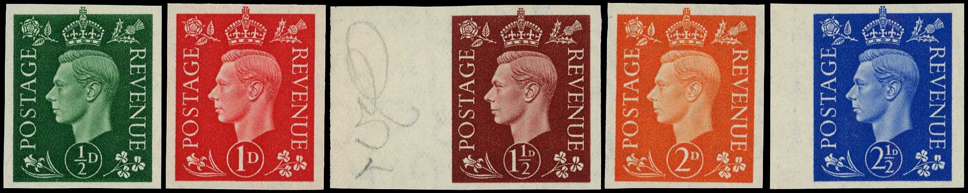 BPMA: 1937-38 ½d-2½d Definitives (Dark colours, Wmk. inverted). Very fine unmounted o.g. set of five imperforate...