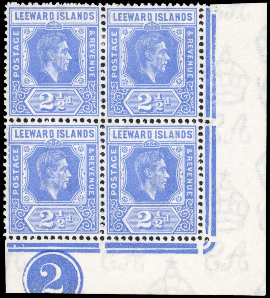 Leeward Islands SG 105ab 1942 2½d blue Plate block, R10/5 serrated edge mint