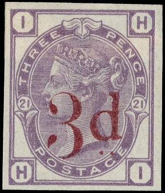 1883 3d on 3d Lilac Pl.21. Very fine unused imperforate imprimatur lettered HI. Scarce one of only 23 possible examples …