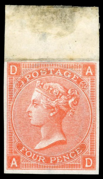 GB 1865-67 4d vermilion Pl. 12 (AD), imperforate imprimatur, SG 94var