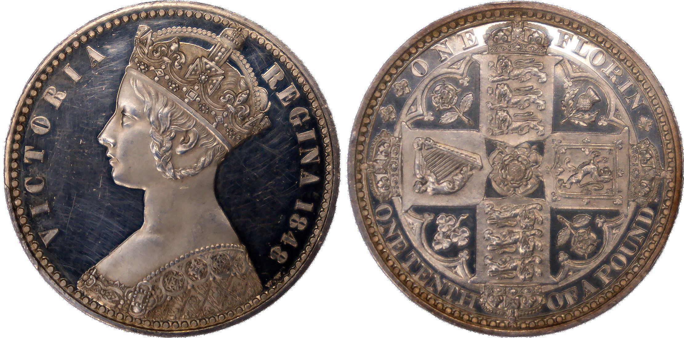 1848 Victoria, Pattern 'Godless' florin, 1848. NGC PF61 Ultra Cameo