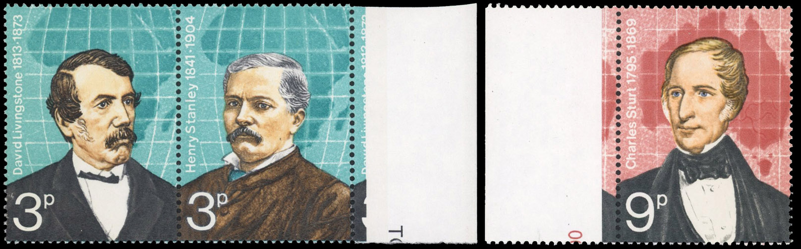 GB SG 923ab, 927a 1973 3p and 9p Explorers gold omitted mint