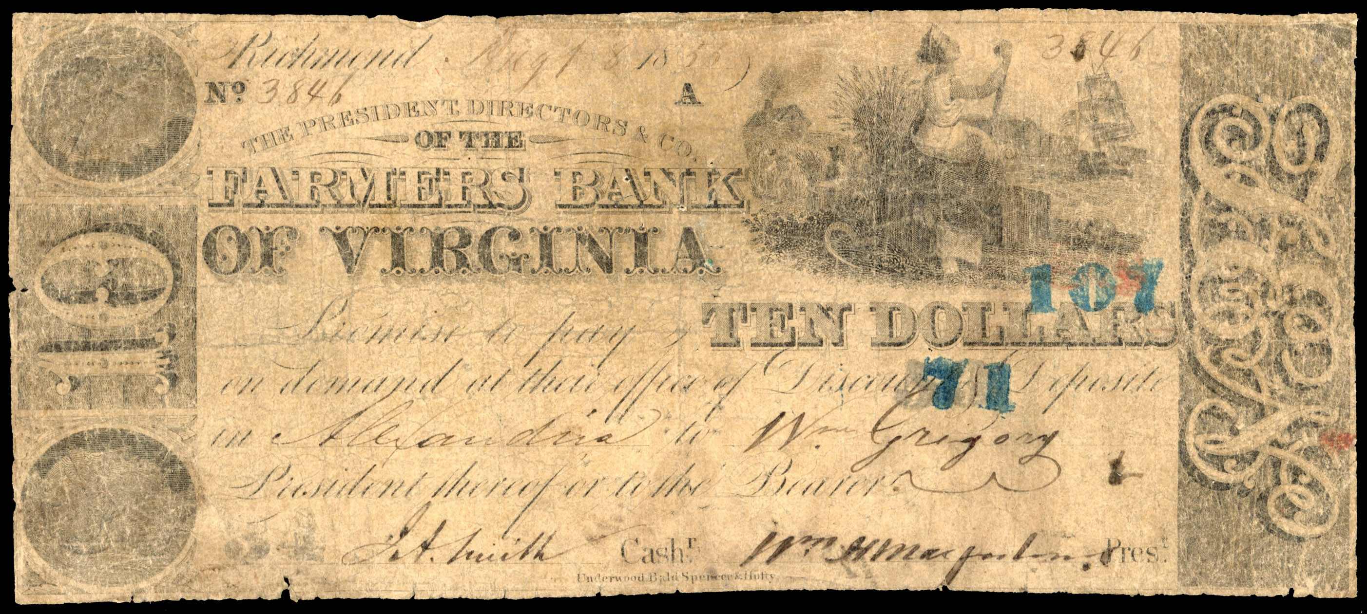 USA, VA. Richmond, Farmers Bank of Virginia, Uniface Ten Dollars 1 May 1856. Fair but scarce.…