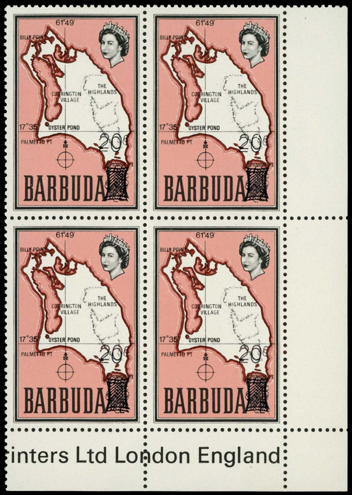 Barbuda 1970 20c on ½c definitive showing SURCHARGE DOUBLE error