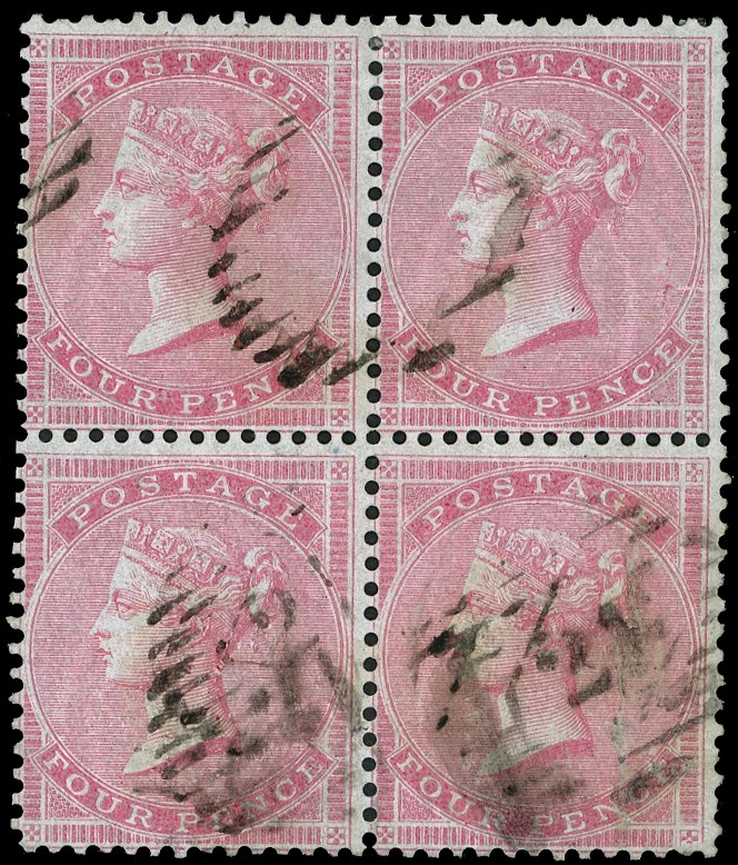1855 4d Carmine on highly glazed, deeply blued paper (Wmk. Small Garter). Used block of four