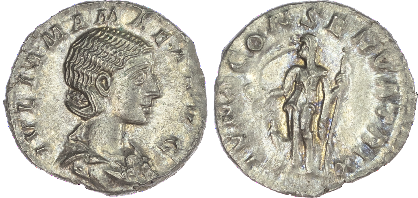 Julia Mamaea (AD 222-235) AR Denarius, Rome, 2.61g. IVLIA MAMAEA AVG, draped bust of Julia Mamaea facing right. Rev. IVNO