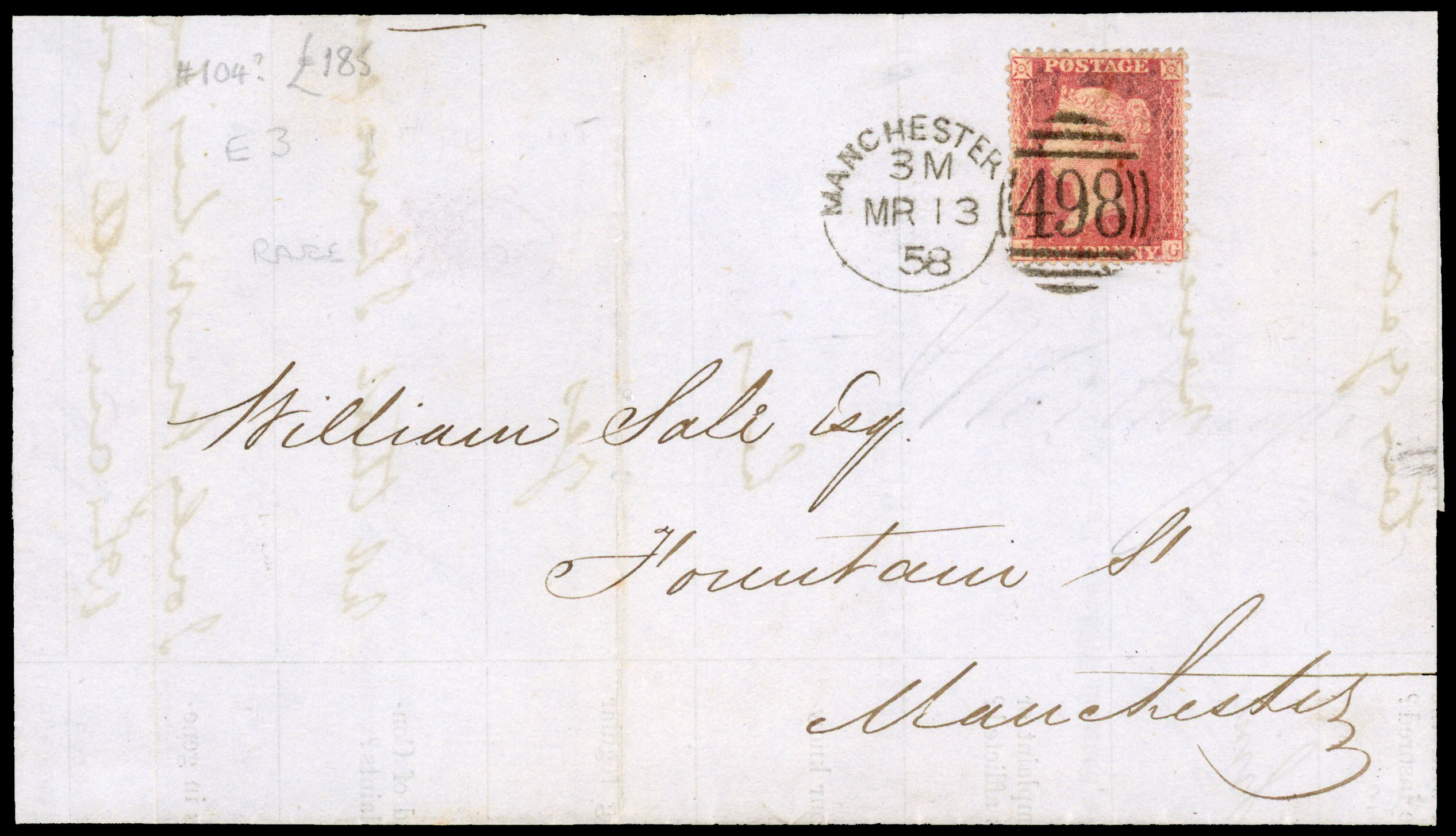 1857 1d Rose-red. Fine entire sent locally within Manchester, Spoon cancel first day cover