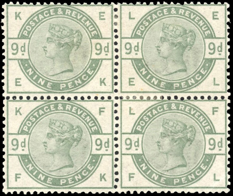 Great Britain 1883 9d dull green, block of four, SG 195