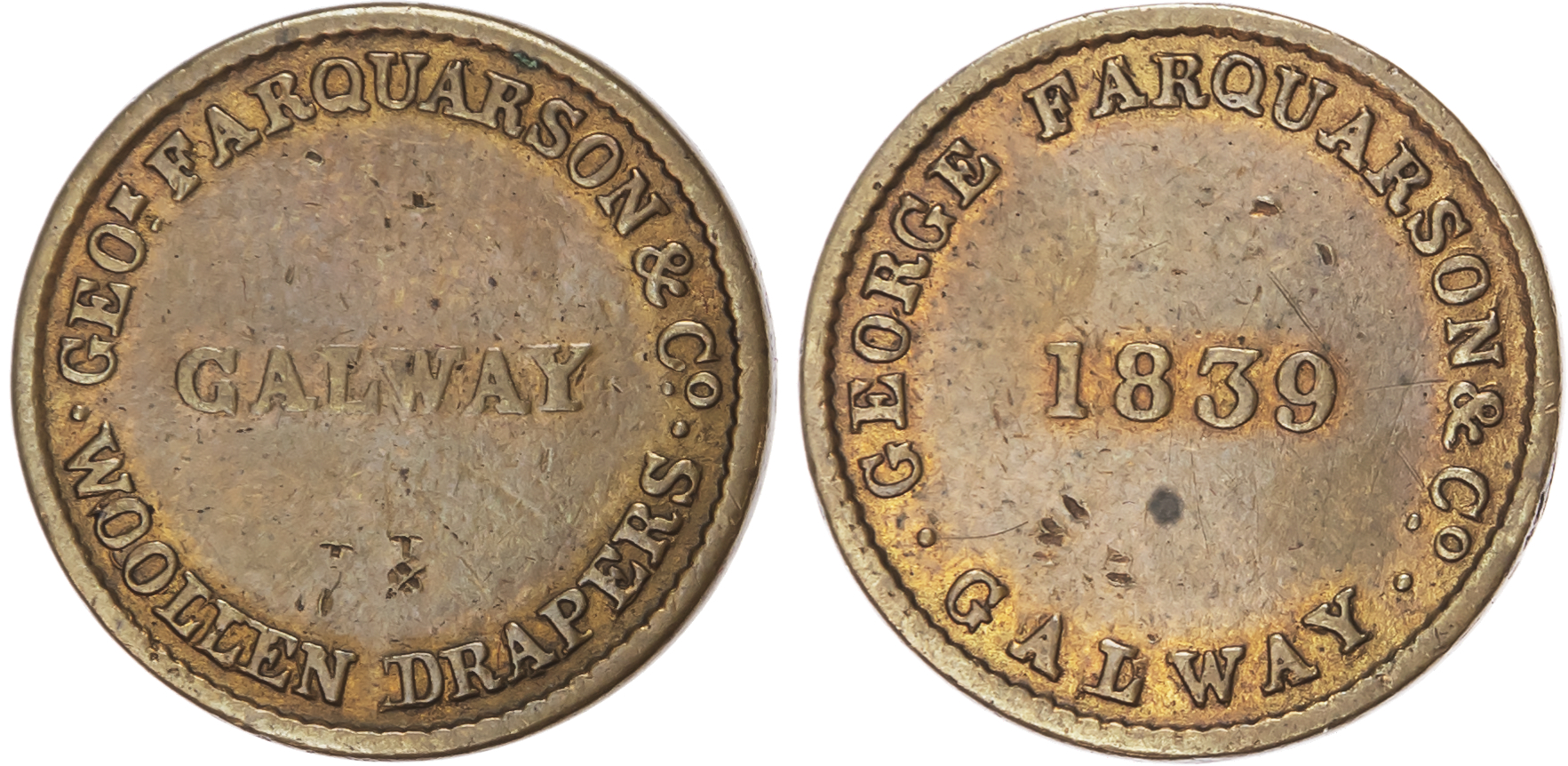 Galway, George Farquarson & Co. (linen draper) farthing 1839, town/denom., 21.25mm. (W6380) About Very Fine bu…