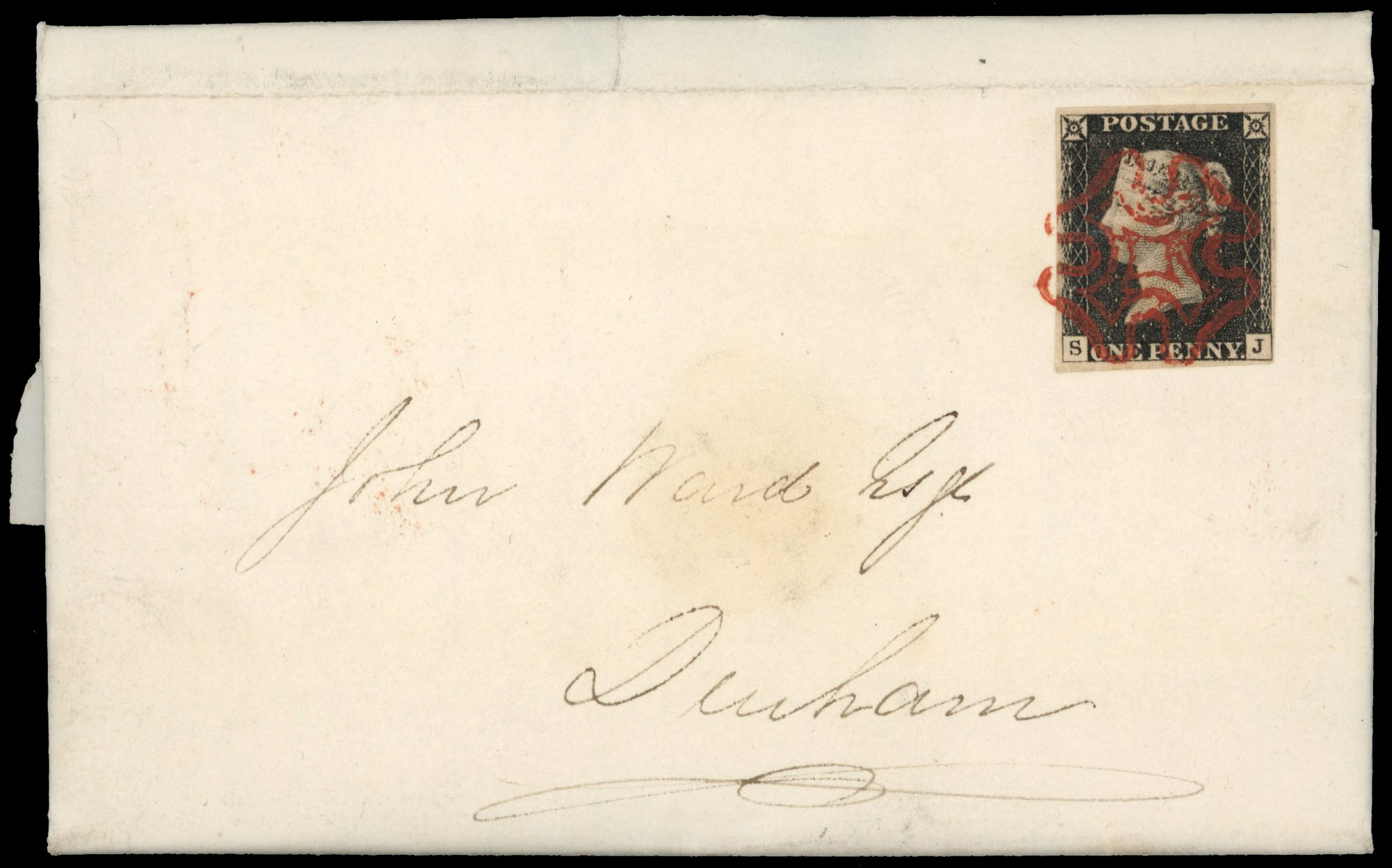 GB 1840 1d black, Plate 3 (SJ) on mourning cover to Durham