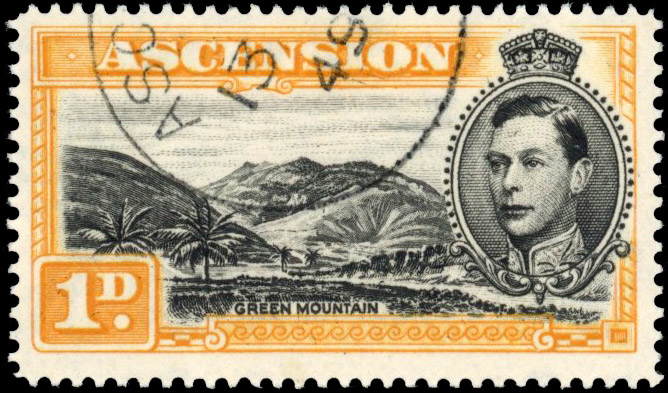 Ascension SG 39ca 1949 1d perf 14 Mountaineer flaw used