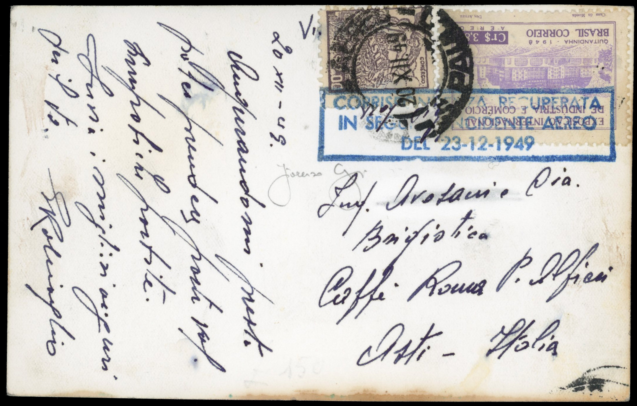 Brazil Airmail 1949 Crash Mail postcard St Paolo to Asti, Italy