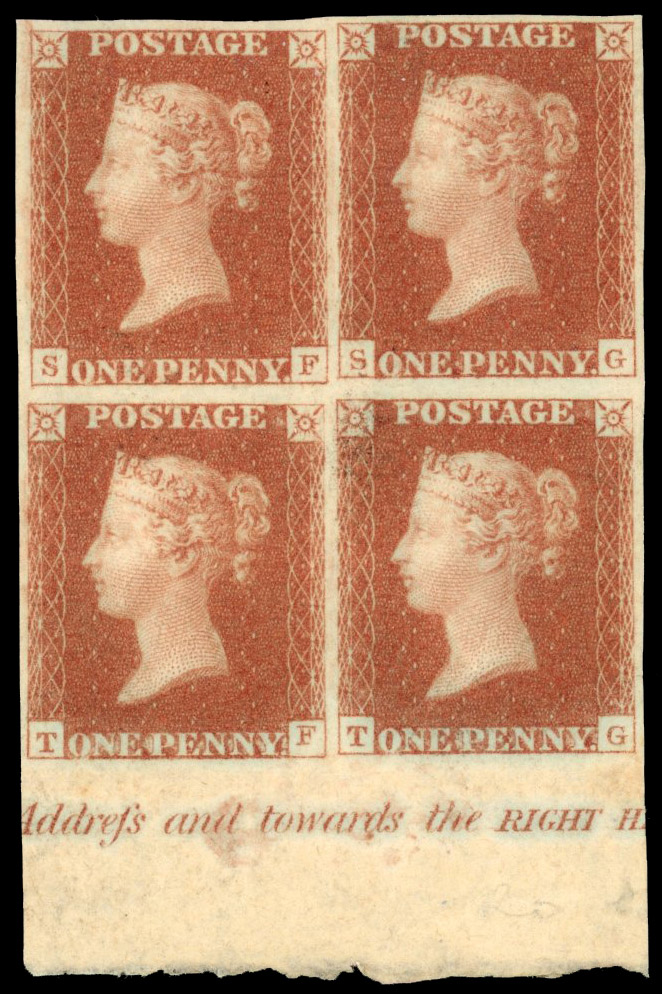 SG 7 1841 1d red-brown from black Plate 10 block mint