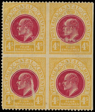 1902 4/- deep rose and maize block of four with full brwon o.g., perforated at top, left and base only.  Surface scuffs and...
