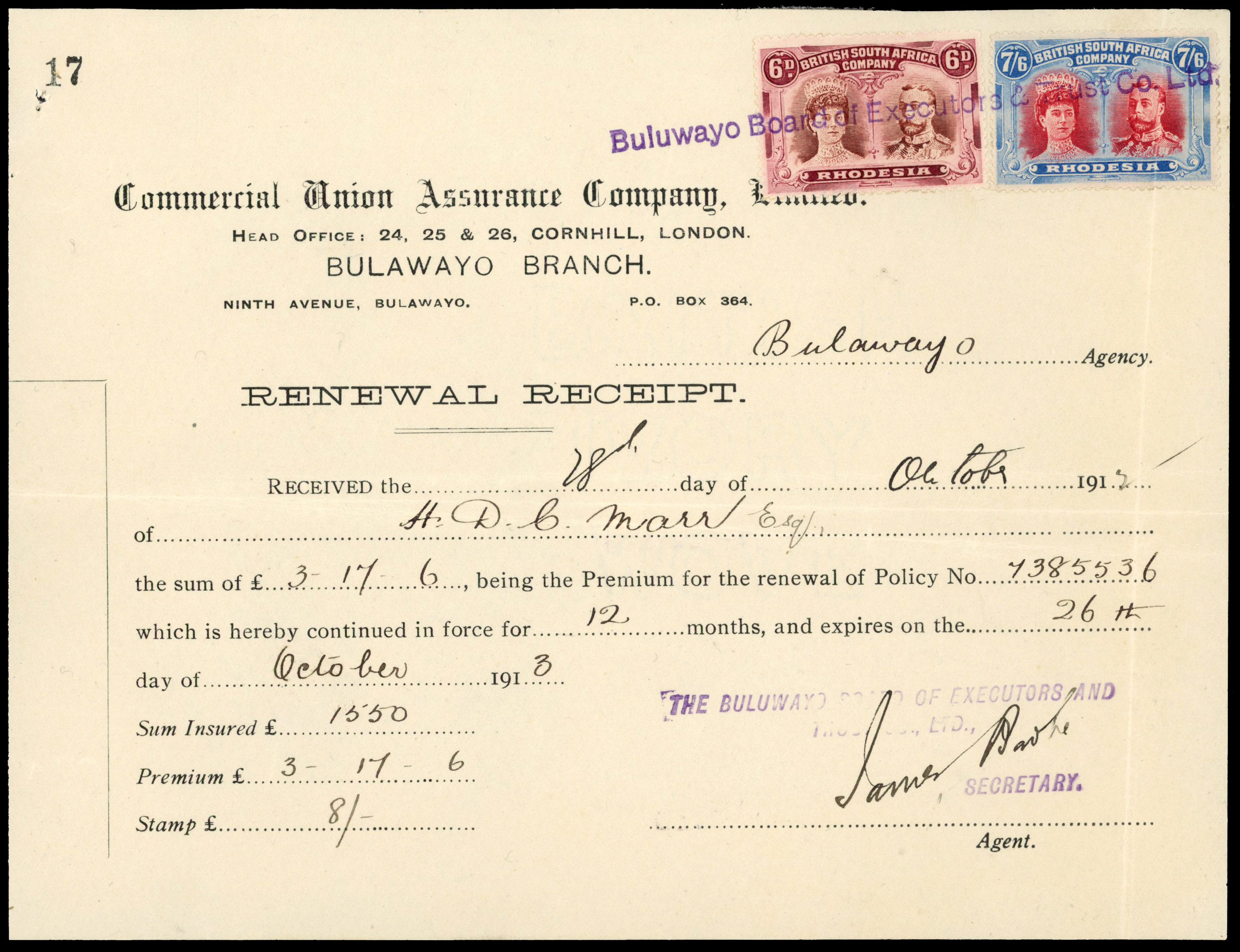 Rhodesia 1912 Insurance Renewal receipt bearing 6d, 7s6d Double Heads