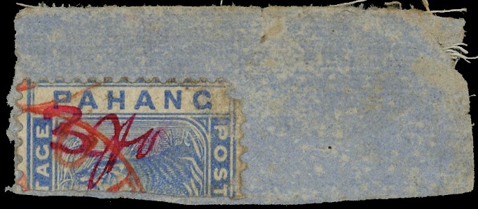 1897 '3' on horizontal top half 5c manuscript Kuala Lipis provisional, used example on small piece (untied, may...