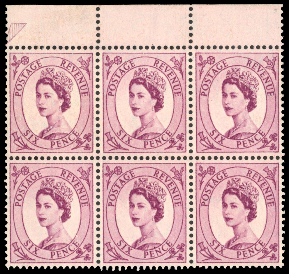GB: 1955 St Edward's Crown, 6d reddish purple, upper marginal block of six variety ‘PINK TINTED PAPER’, Fine