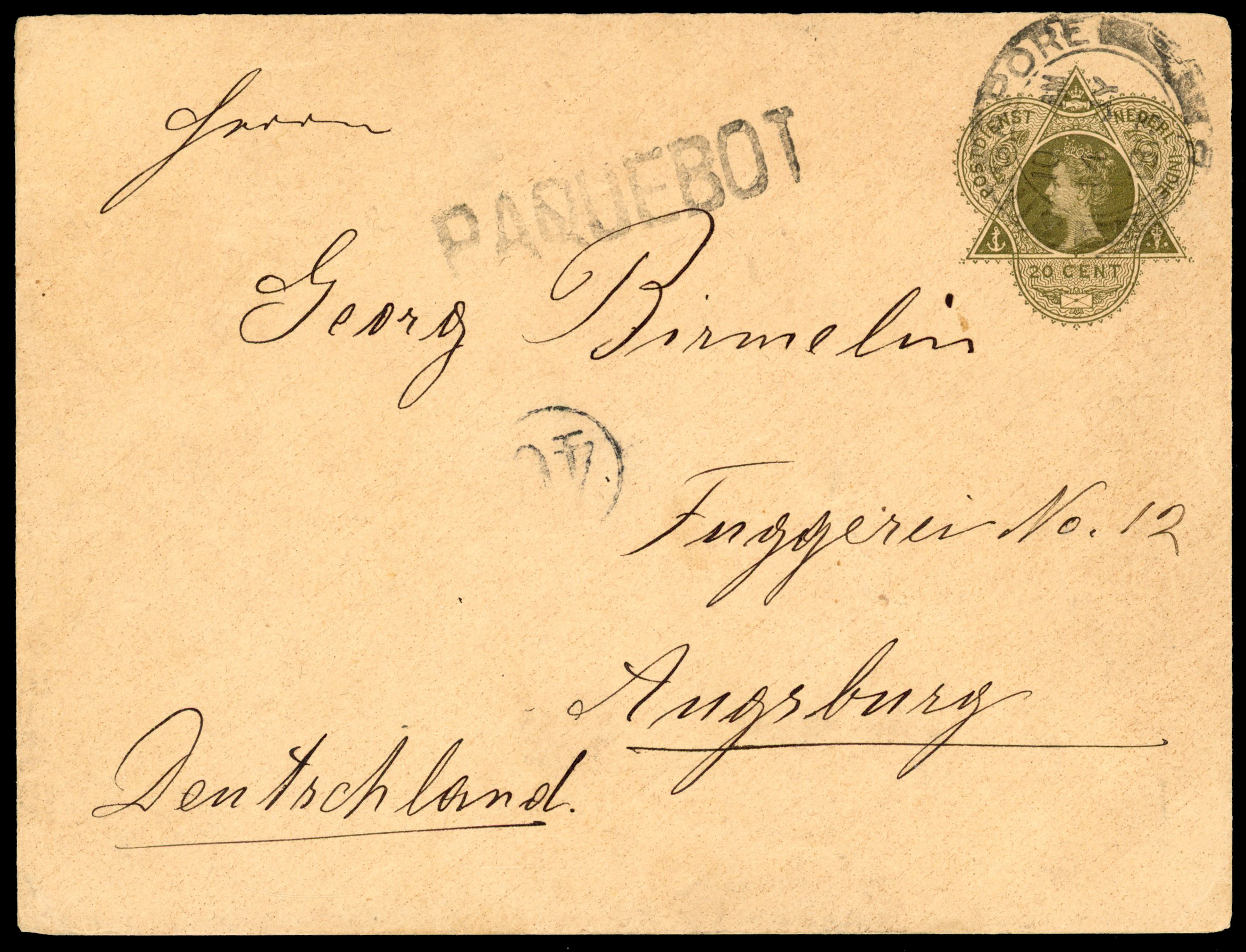 Singapore Paquebot 1913 (14 July) Netherlands Indies 20c. stationery envelope to Germany