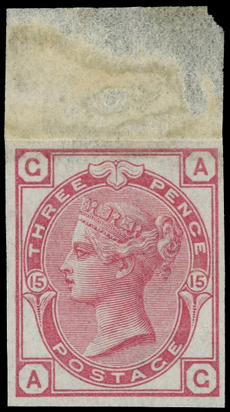 1874 3d Rose Pl.15. Very fine unused imperforate top marginal imprimatur lettered AG. Small crease at lower right. Scarc…