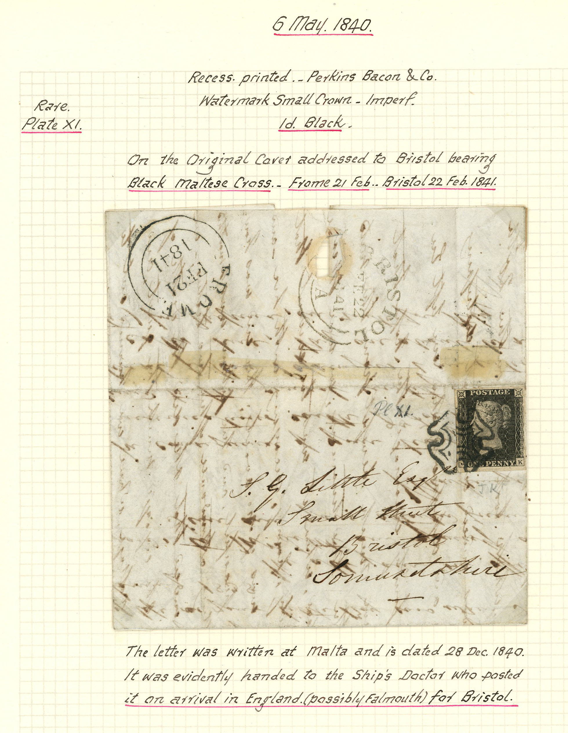 1841 entire letter addressed to Bristol written at Malta dated 28 December...