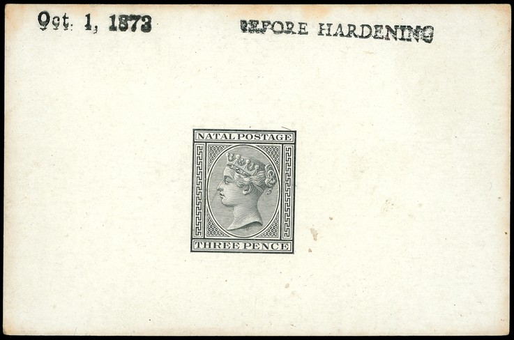 1874 3d Die Proof in black on glazed card 93 x 60mm, dated Oct. 1, 1873 and marked BEFORE HARDENING.  Minor staining along...