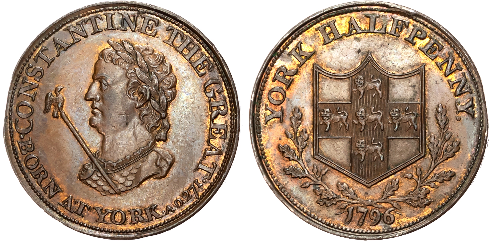 Yorks.  York, James Carlill (watchmaker) Halfpenny 1796, Bust of Constantine the Great left, rev. Arms of York in an oak …
