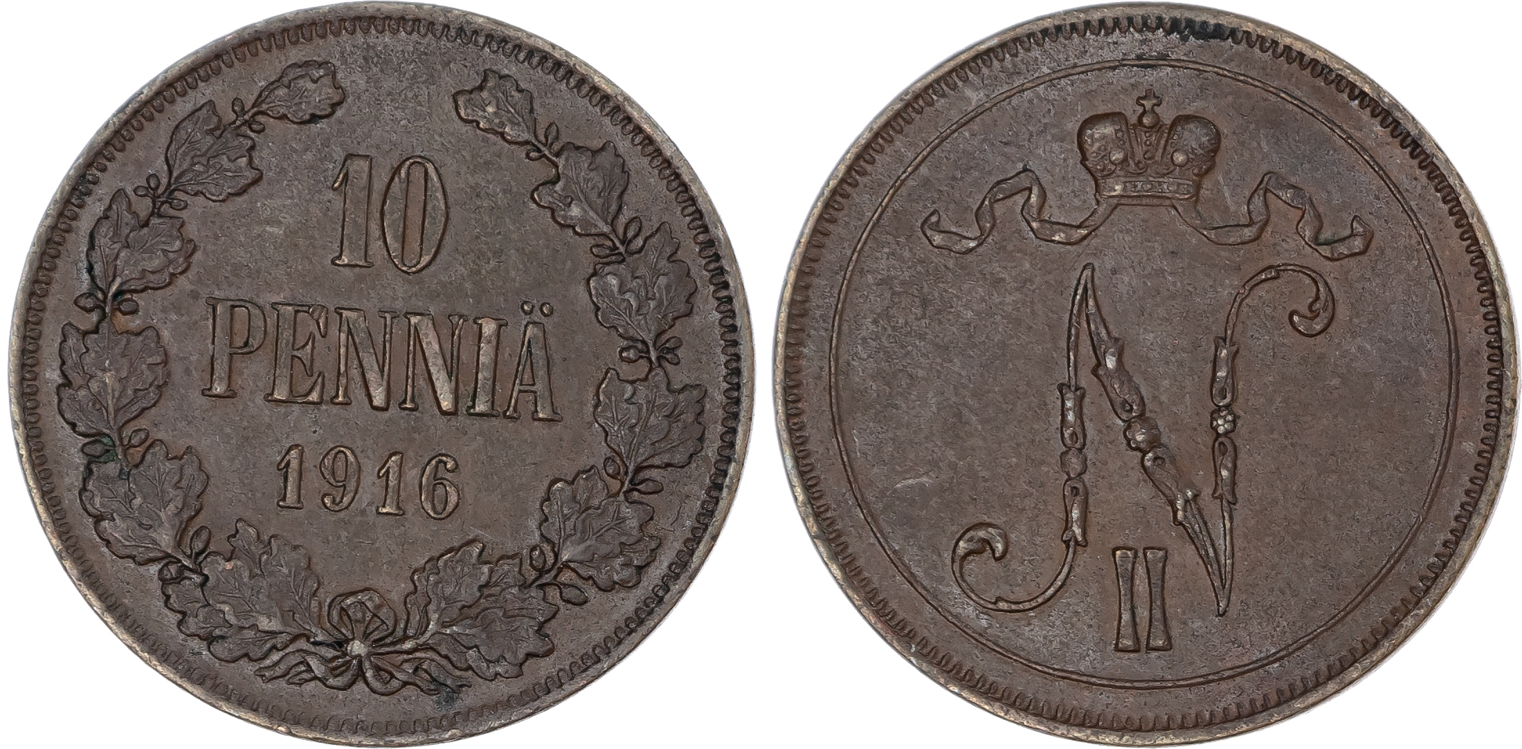 Finland, Grand Duchy. Nikolai II Aleksandrovich CU 10 Penniä. 1916.