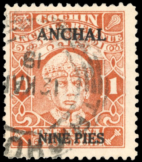 I.F.S. Cochin 1942-44 9p on 1a brown-range, surcharge Type 22, used, SG 82