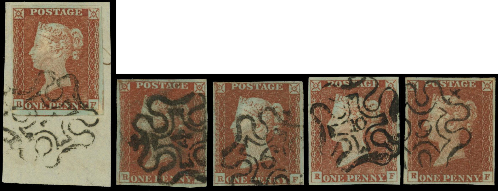 GB SG 8m 1841 1d red-browns used with numbers in MCs lettered RF