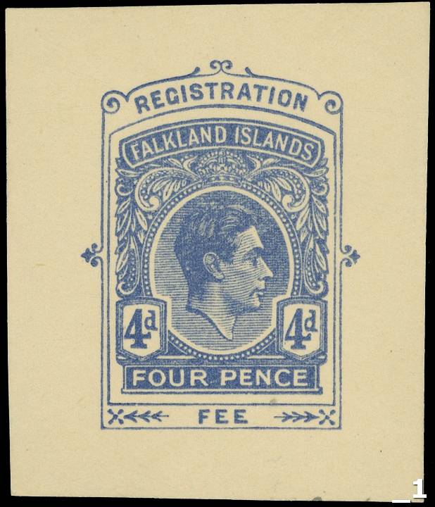 FALKLAND IS: Proof: 1938 4d blue stamp impression on thin toned card (38mm x 45mm) Heijtz R2.