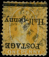 1877 ½d on 1d yellow, surcharge inverted, good used.  SG 91a,...