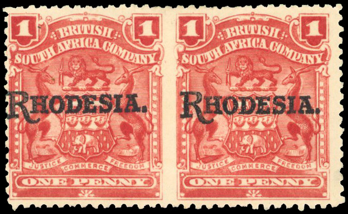Rhodesia 1909-12 1d deep carmine-rose pair error Imperf between