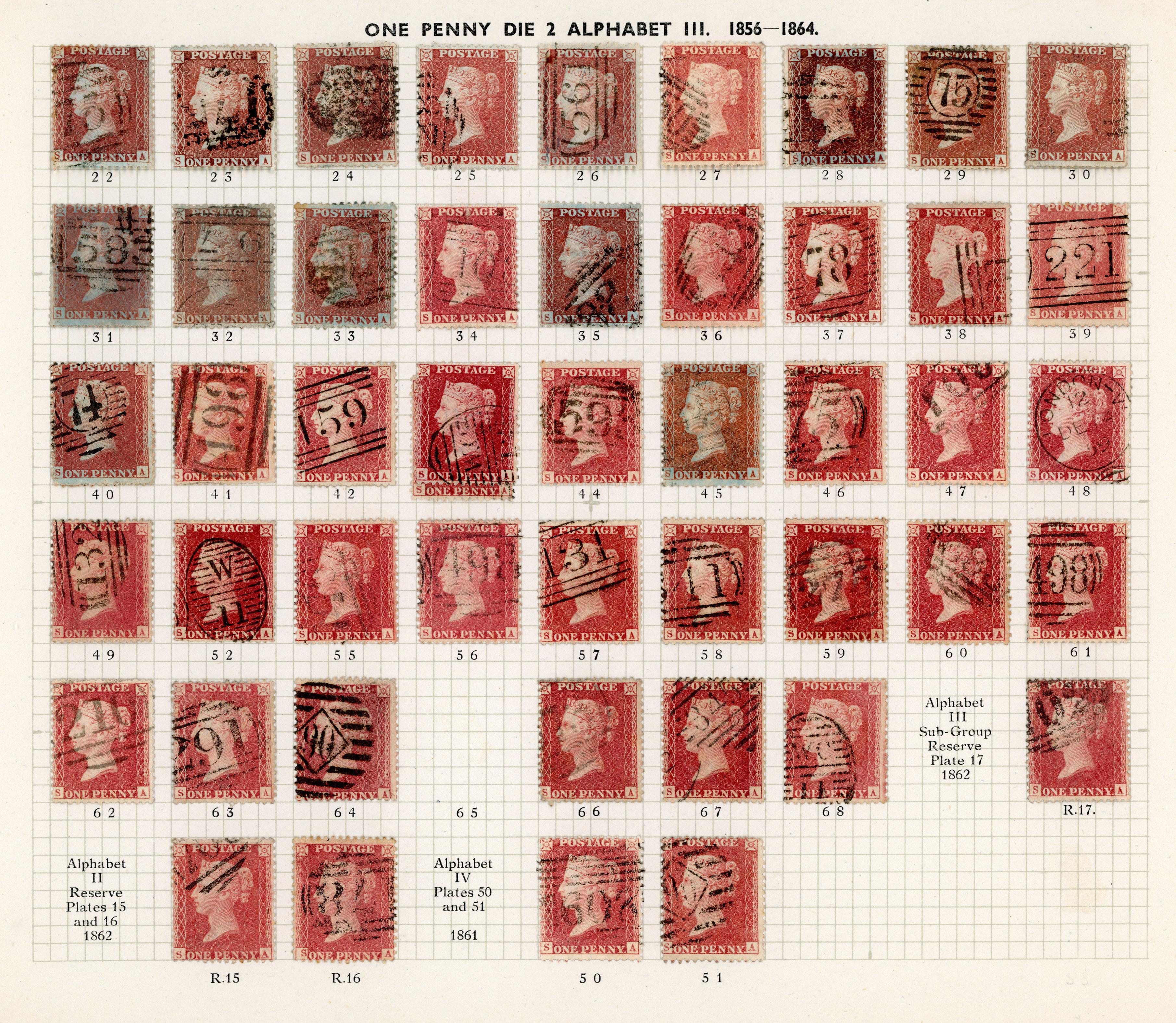 GB 1856-64 1d reds from Plates 22 - R17, the S Row