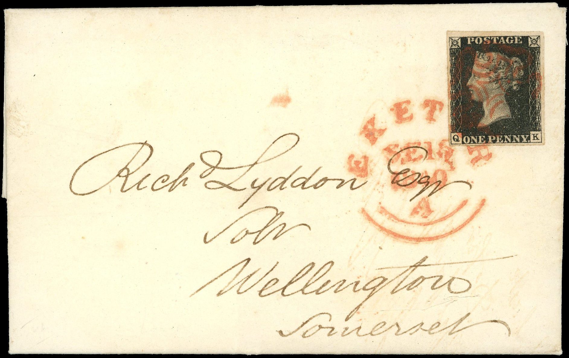 1840 1d Black Pl.6 (QK). Entire MC & town datestamp