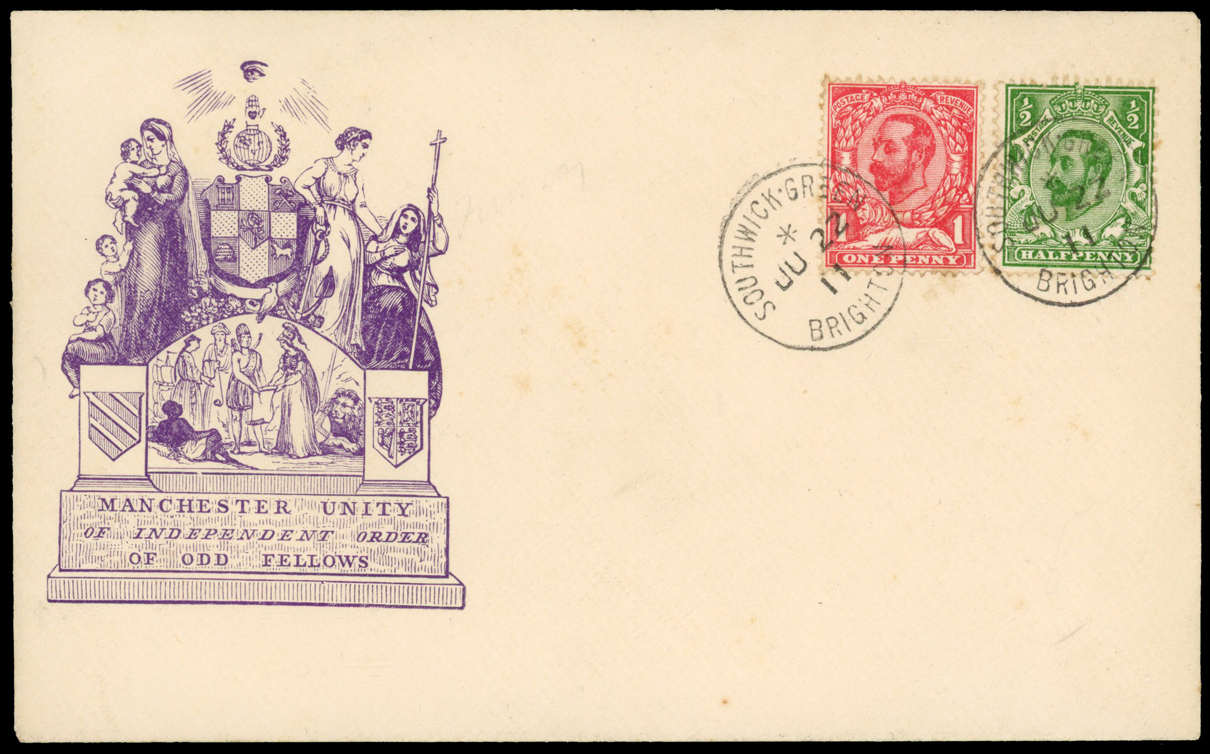 1911 ½d Green (Die A) & 1d Scarlet (Die A). Superb unaddressed printed envelope FDC