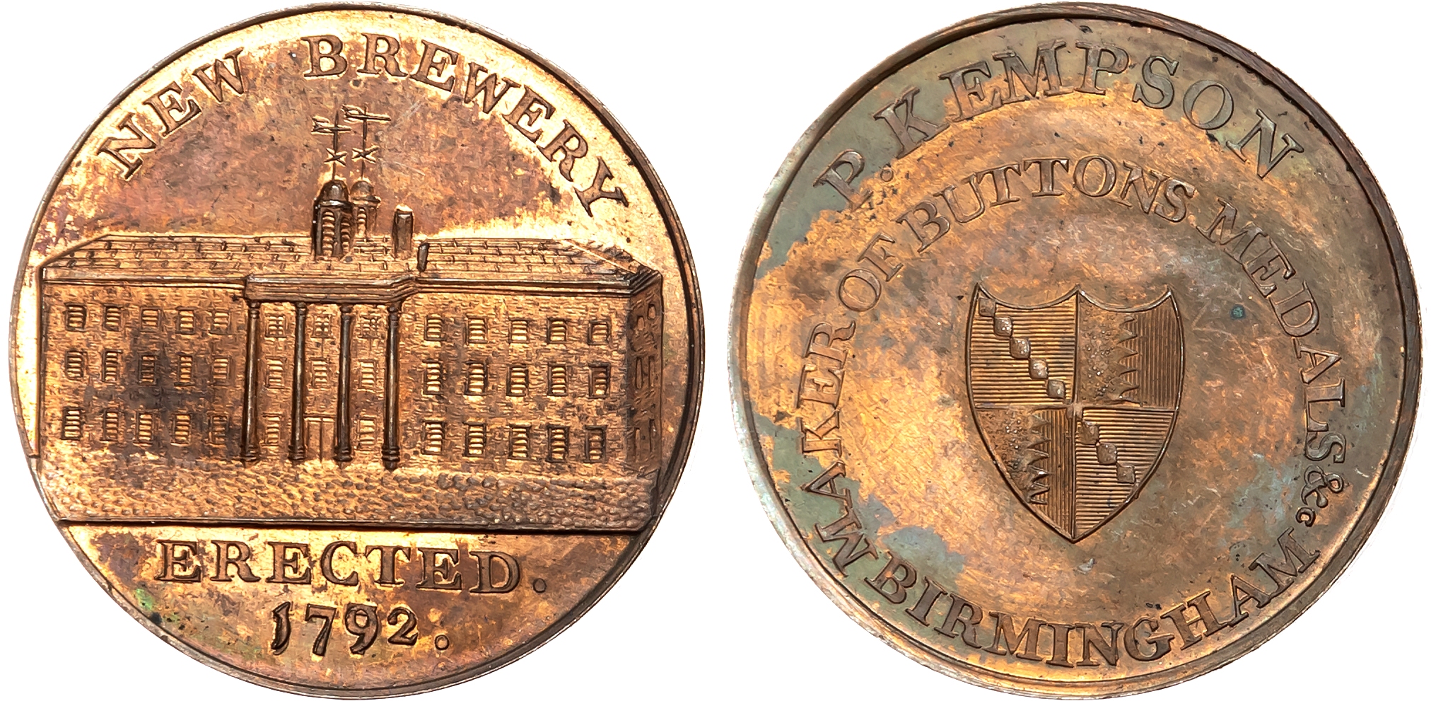 Warks. Birmingham , P Kempson’s Series of Birmingham Buildings, Halfpenny late 1790s, Façade of the New Brewery, rev. Ar …