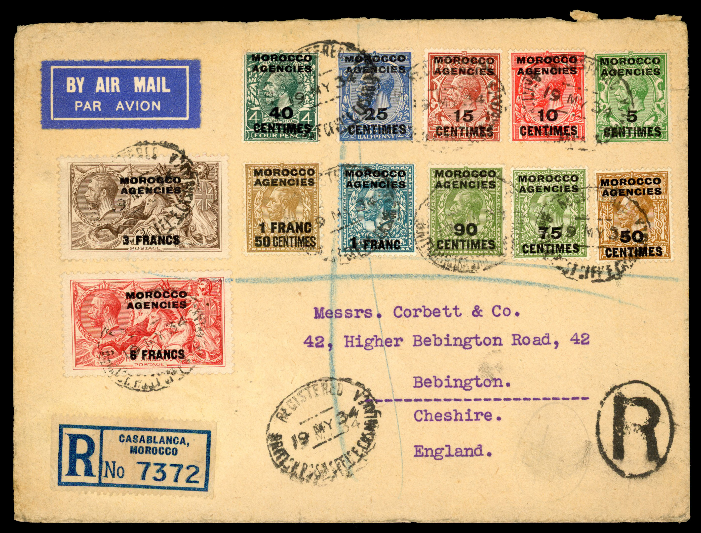 FRENCH CURRENCY: 1934 registered airmail cover to Cheshire, bearing 5c on ½d to 6f on 5s set of 12 all tied by oval cds