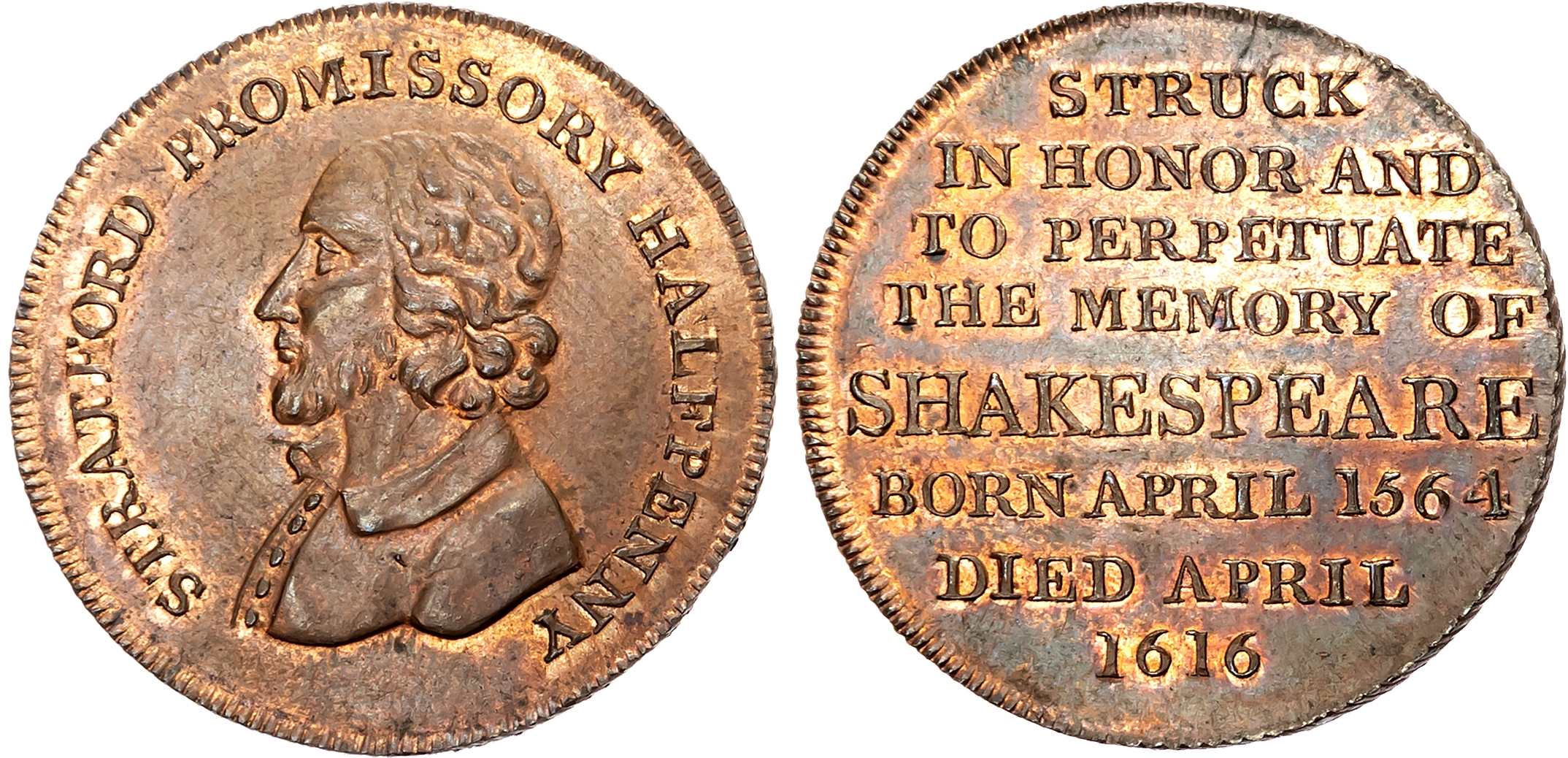 Warks.  Stratford-on-Avon , Skidmore’s Halfpenny undated, Draped bust of Shakespeare left, rev. 8-line legend re. Shakes …