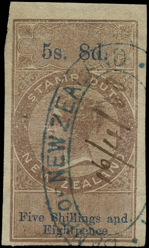 NEW ZEALAND 1867 Revenue QVLT 1867 5s 8d grey-brown and blue, wmk small NZ REVERSED