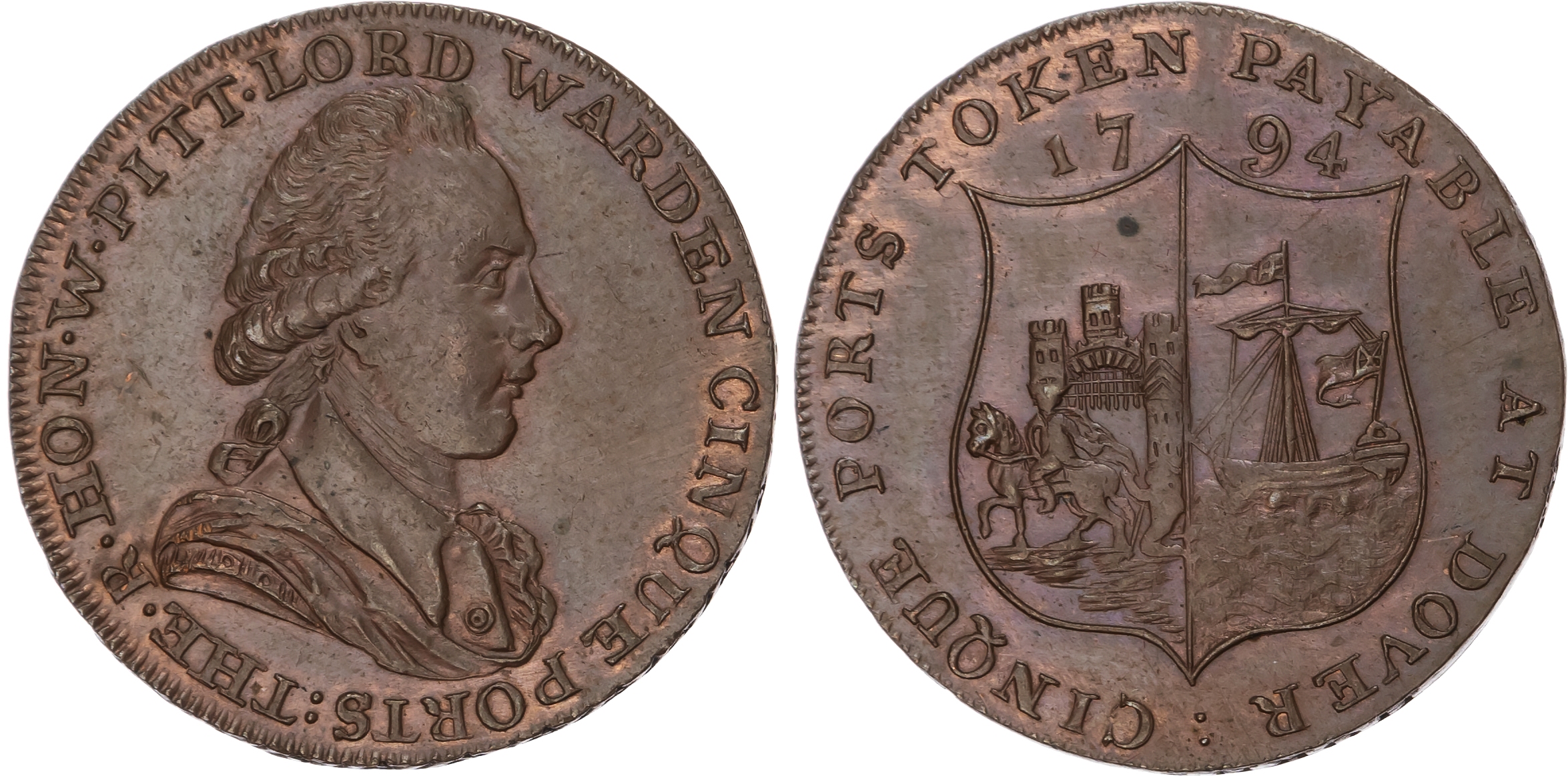 Kent. Dover , John Horn, (librarian, stationer and perfumer) Halfpenny 1794, Bust of William Pitt right, rev. …
