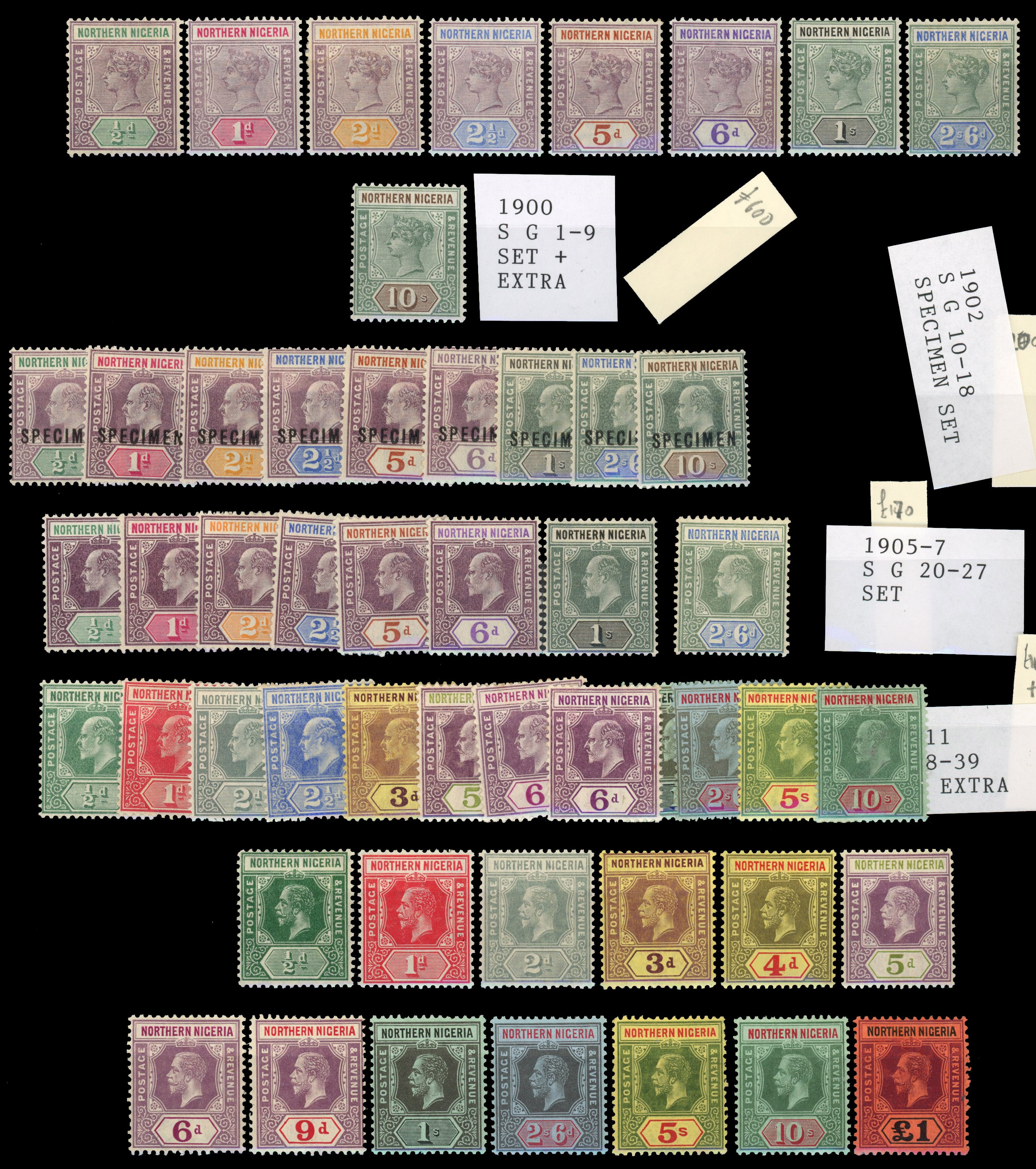 N NIGERIA: Mint on card including 1900 to 10s, 1902 to 10s overprinted “SPECIMEN”, 1905 to 2s6d, 1910 to 10s, 1912 to £1,