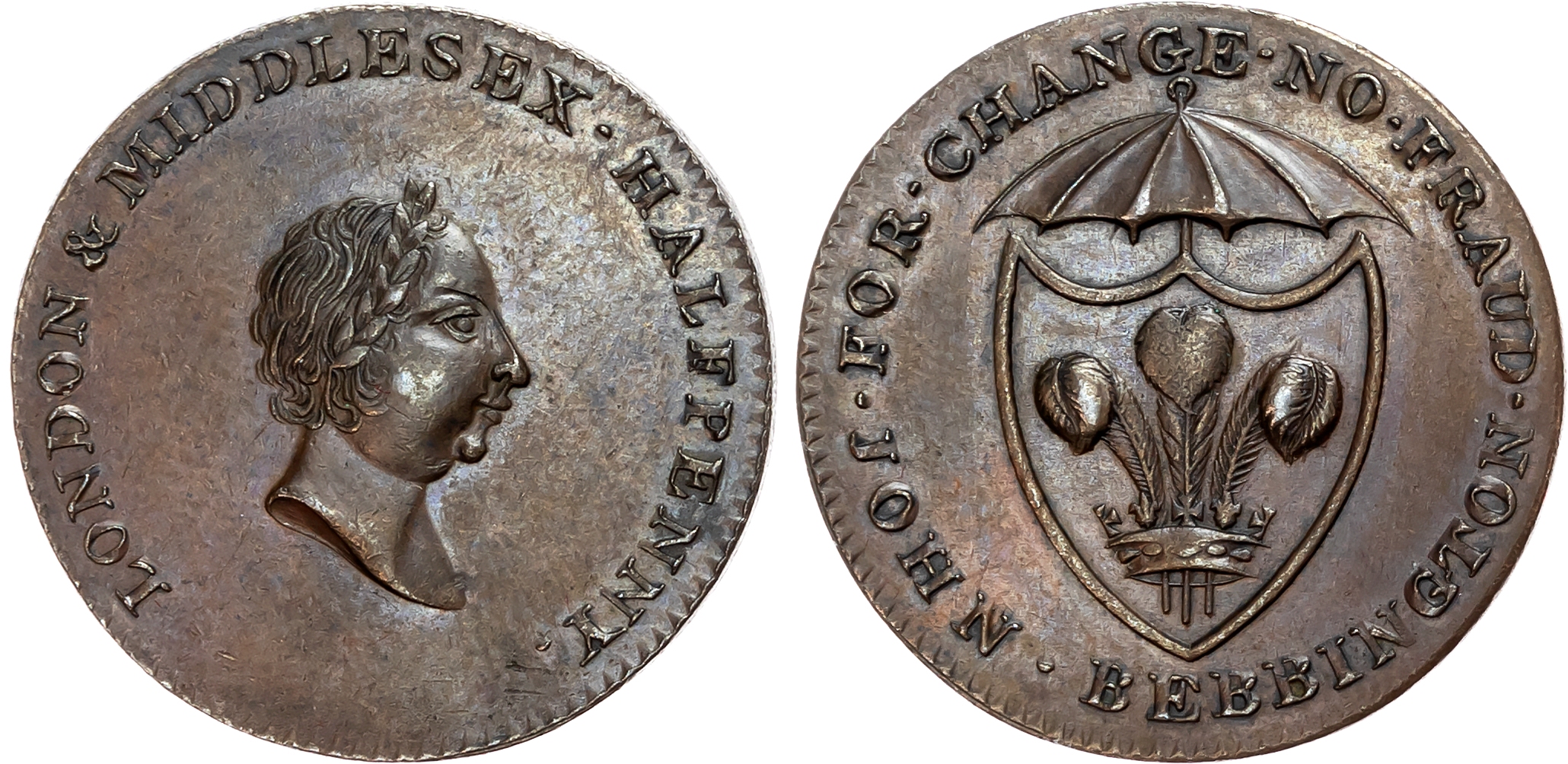 London , City Road , John Bebbington (umbrella maker), Halfpenny undated, Bust right – Pr. of Wales? rev. Umbrella over  …