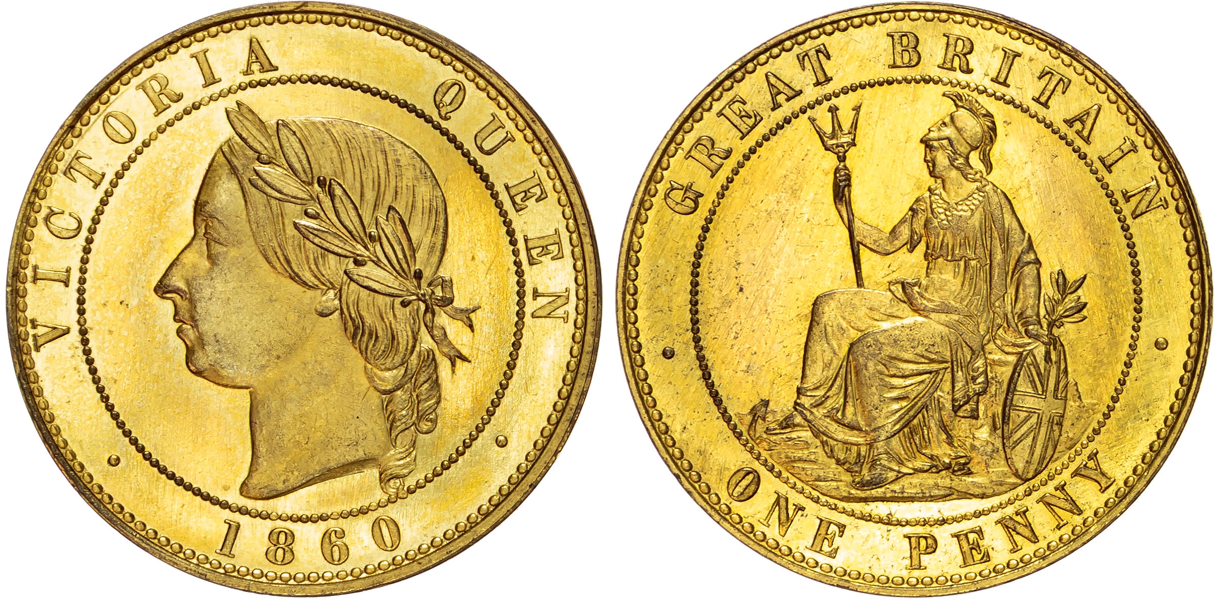 Victoria (1837-1901), Gilt Pattern Penny, 1860, by Joseph Moore, in gilt copper.