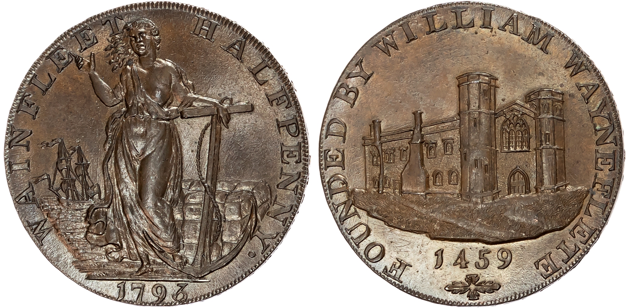 Lincs. Wainfleet , David Wright & Stephen Palmer (both mercers) Halfpenny 1793, View of the free grammar school, rev. Ho …