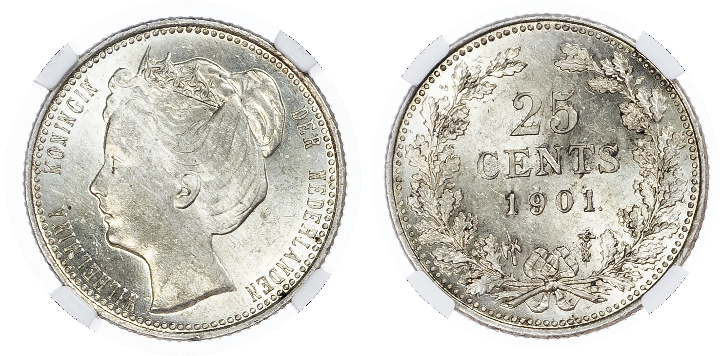 Netherlands. Wilelmina AR 25 Cents. 1901.