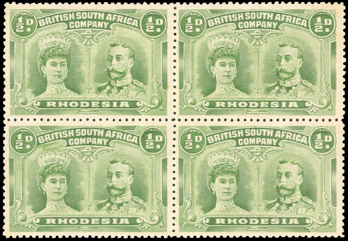 Rhodesia 1910-13 ½d light green perf 14 block of 4 unmounted