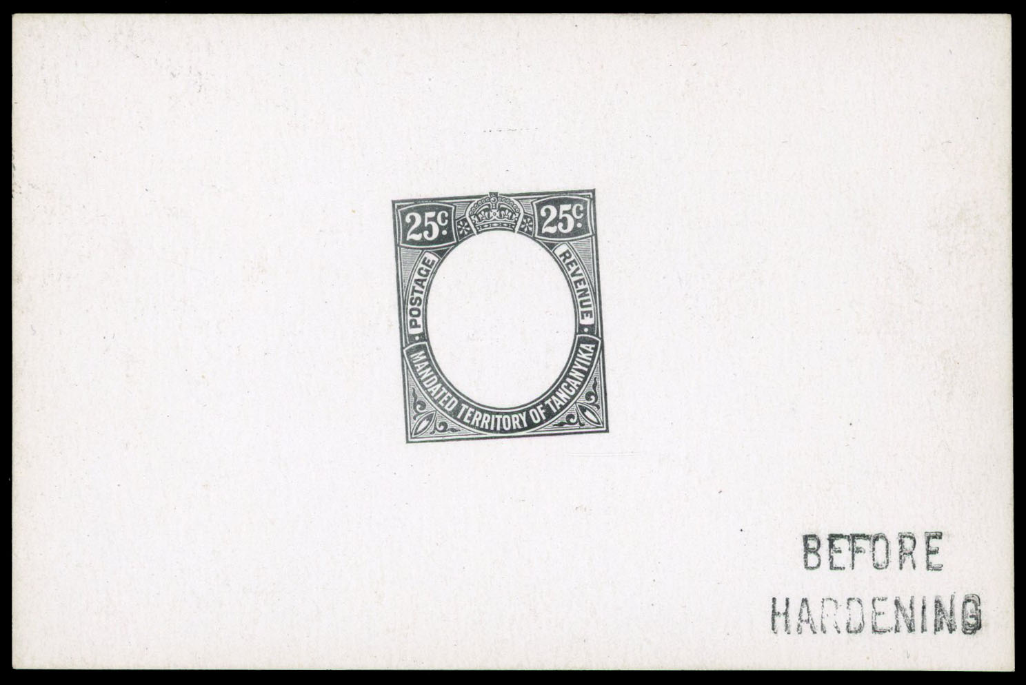1927-31 25c De La Rue frame die proof in black on glazed card, undated and endorsed “BEFORE HARDENING” in black. 