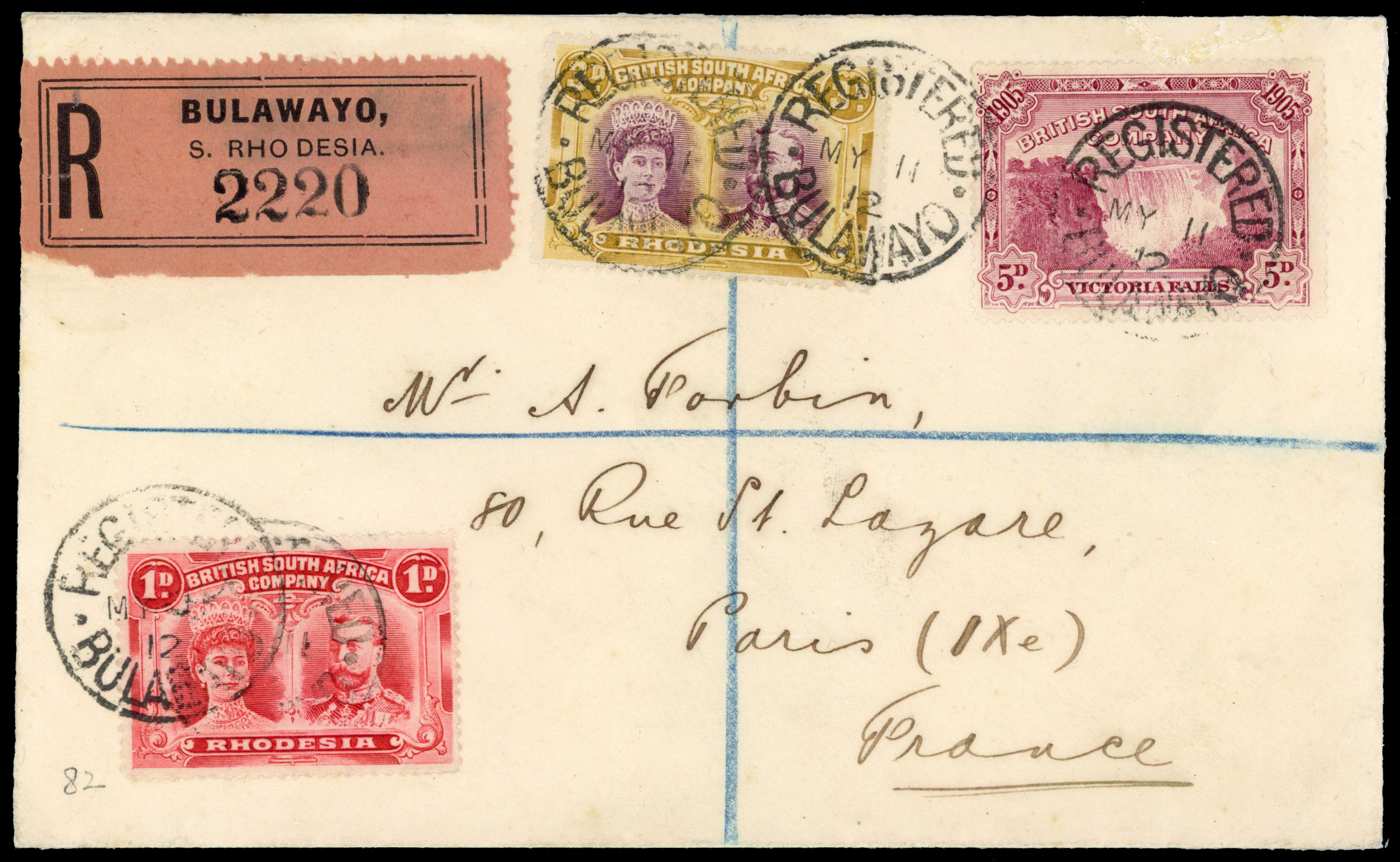 3d magenta and yellow-ochre, plus 1d rose-red and 5d Falls on cover to Paris