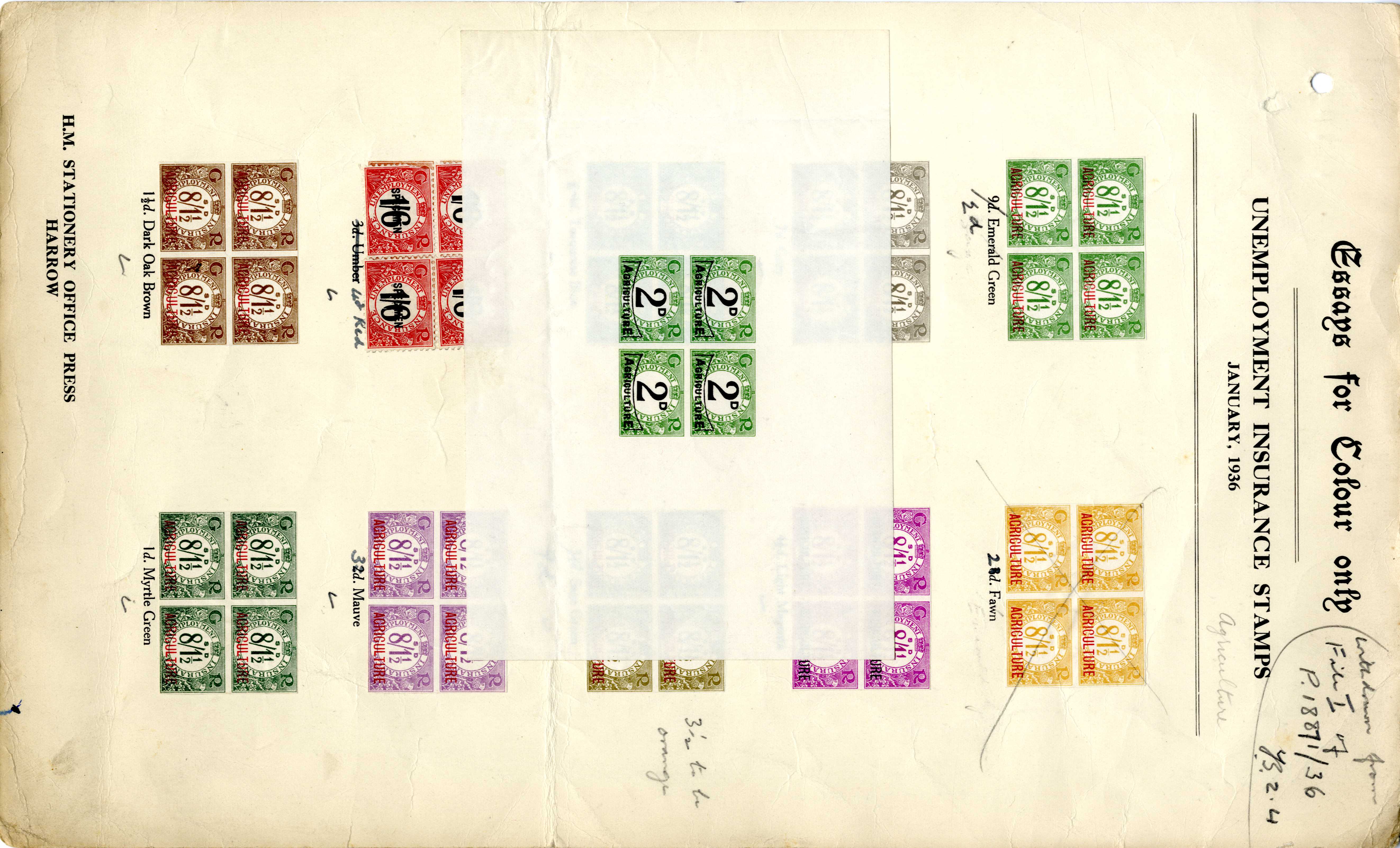 GB Great Britain AGRICULTURE UNEMPLOYMENT INSURANCE revenue unissued colour trials