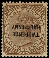 1891 2½d on 4d brown, toned o.g., showing surcharge inverted.  SG 109d,...